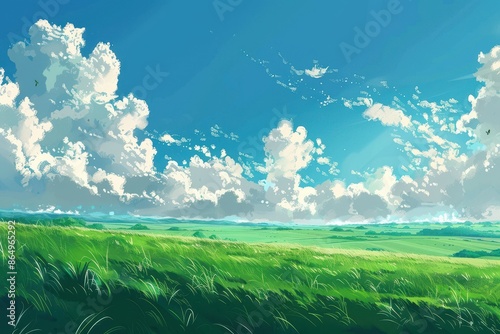 Beautiful landscape with green grass and fluffy white clouds in a blue sky.