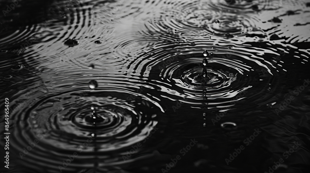 Raindrops hitting the ground during a rainstorm, creating ripples.
