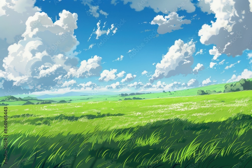 Peaceful green field with rolling hills under a blue sky with white fluffy clouds. Concept of nature, calmness, peace and serenity. Peaceful green field with rolling hills under a blue sky with white fluffy clouds. Concept of nature, calmness, peace and serenity.