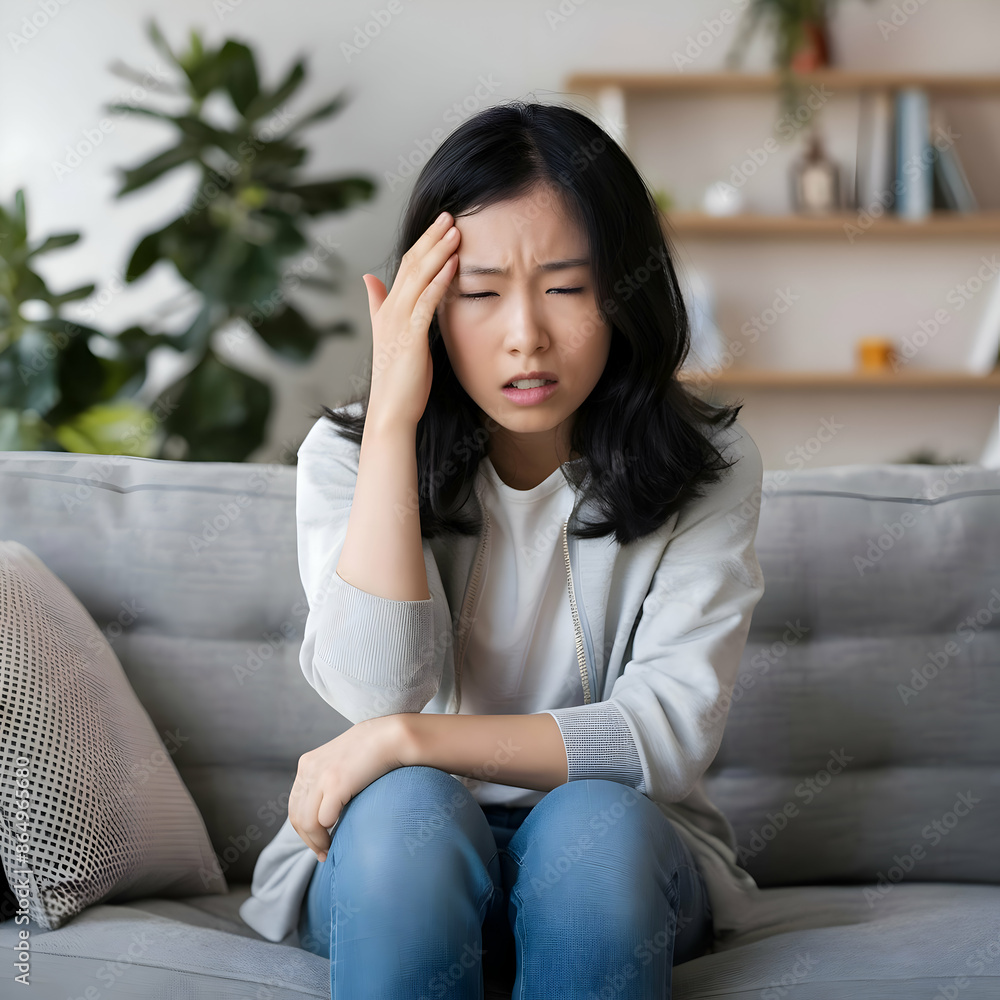 Dizzy asian young woman, girl headache or migraine pain suffering from vertigo while sitting on couch in living room at home Dizzy asian young woman, girl headache or migraine pain suffering from vertigo while sitting on couch in living room at home