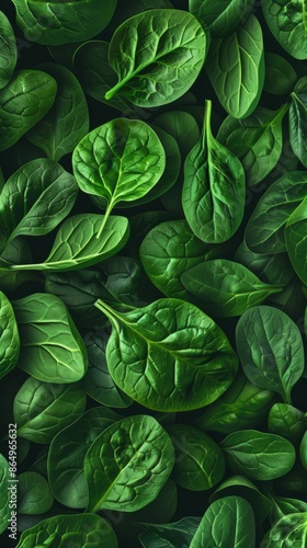 A flat lay illustration of fresh spinach leaves on a green background, creating a vibrant and healthy mood