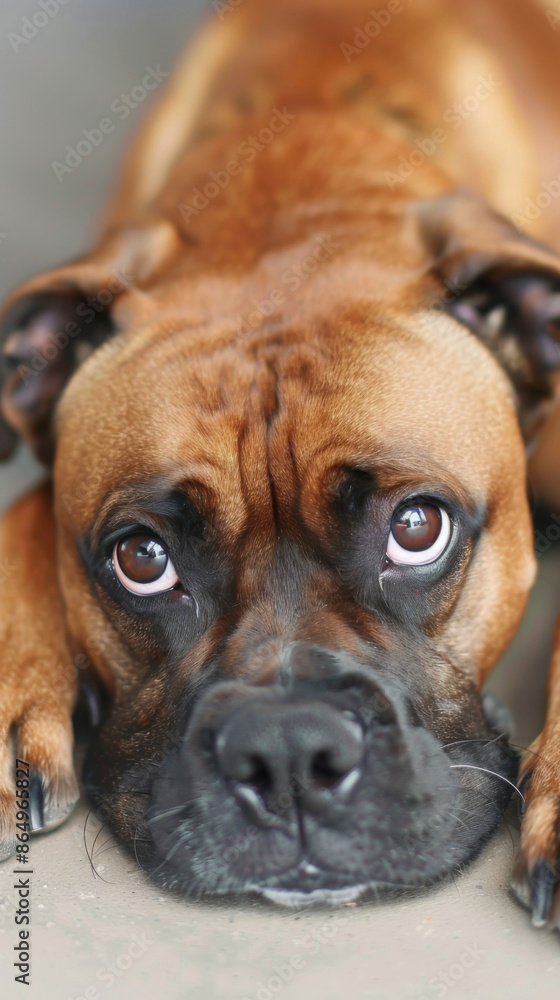 Fototapeta premium A brown dog is laying on the ground, I am tired exhausted