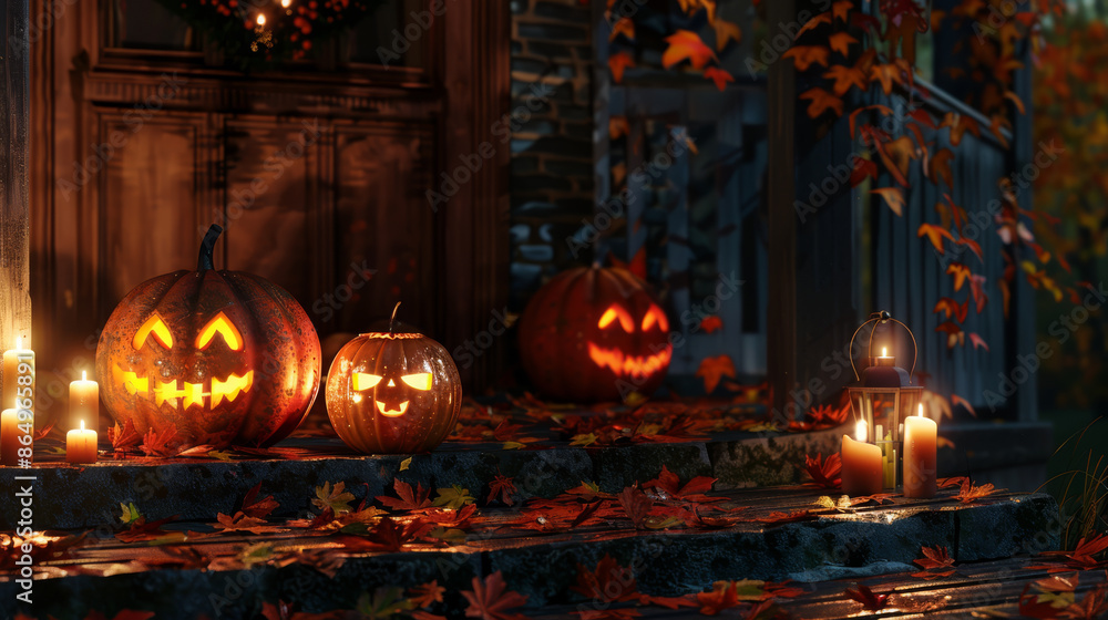 Evening entrance to a house with pumpkin decoration and Halloween garland on a wooden staircase in autumn foliage, Jack-o'-lanterns with creepy faces. Background for Halloween design. Evening entrance to a house with pumpkin decoration and Halloween garland on a wooden staircase in autumn foliage, Jack-o'-lanterns with creepy faces. Background for Halloween design.