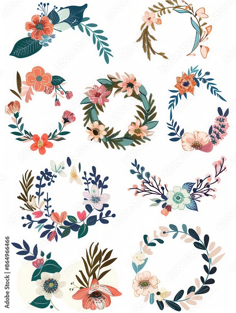 Obraz premium A collection of twelve beautiful floral wreaths in various styles, perfect for wedding invitations, party decorations, and festive celebrations. Generative AI