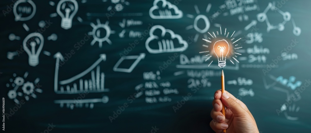 Hand holding light bulb with chalkboard background featuring business concepts and graphs, symbolizing innovative ideas and solutions. Hand holding light bulb with chalkboard background featuring business concepts and graphs, symbolizing innovative ideas and solutions.
