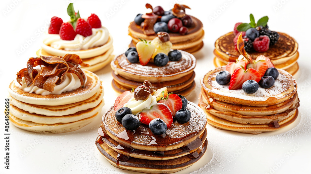A variety of delicious pancakes, each topped with different ingredients, displayed against a plain white backdrop. A variety of delicious pancakes, each topped with different ingredients, displayed against a plain white backdrop.