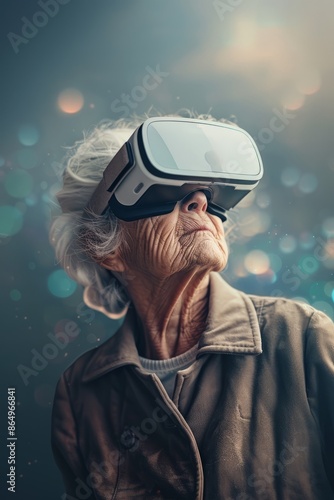 Virtual work and lifestyle scenarios for an elderly woman wearing VR glasses.