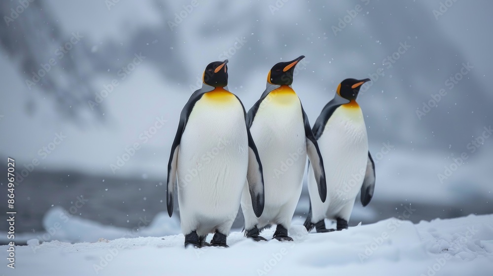 Fototapeta premium King Penguins Walk Together in the Snow Field 