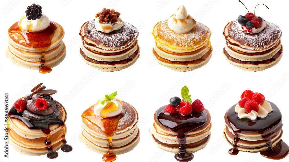 A variety of delicious pancakes, each topped with different ingredients, displayed against a plain white backdrop. A variety of delicious pancakes, each topped with different ingredients, displayed against a plain white backdrop.