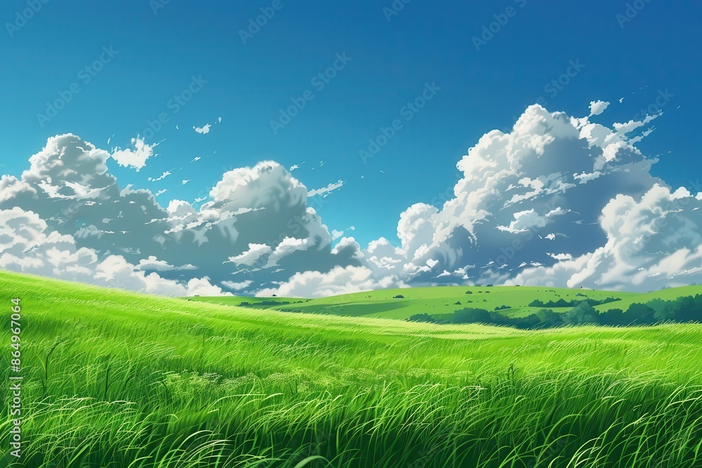 Obraz premium Scenic view of green meadow and fluffy white clouds against a bright blue sky. Peaceful, idyllic summer landscape. Perfect for backgrounds and nature-themed designs.