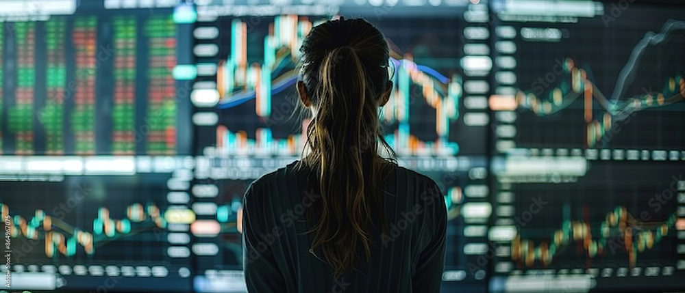 A photo of a woman standing with her back, in front of her is a large screen with stock market charts A photo of a woman standing with her back, in front of her is a large screen with stock market charts