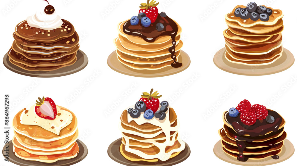 A variety of delicious pancakes, each topped with different ingredients, displayed against a plain white backdrop.