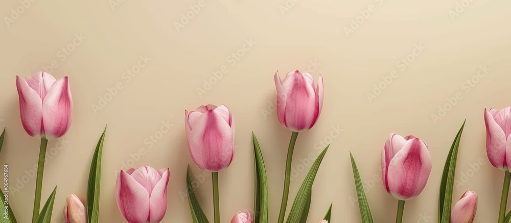 Close-up view of pink tulip flowers on a beige background with room for text. Template with floral design. Poster featuring botanical artwork. Close-up view of pink tulip flowers on a beige background with room for text. Template with floral design. Poster featuring botanical artwork.