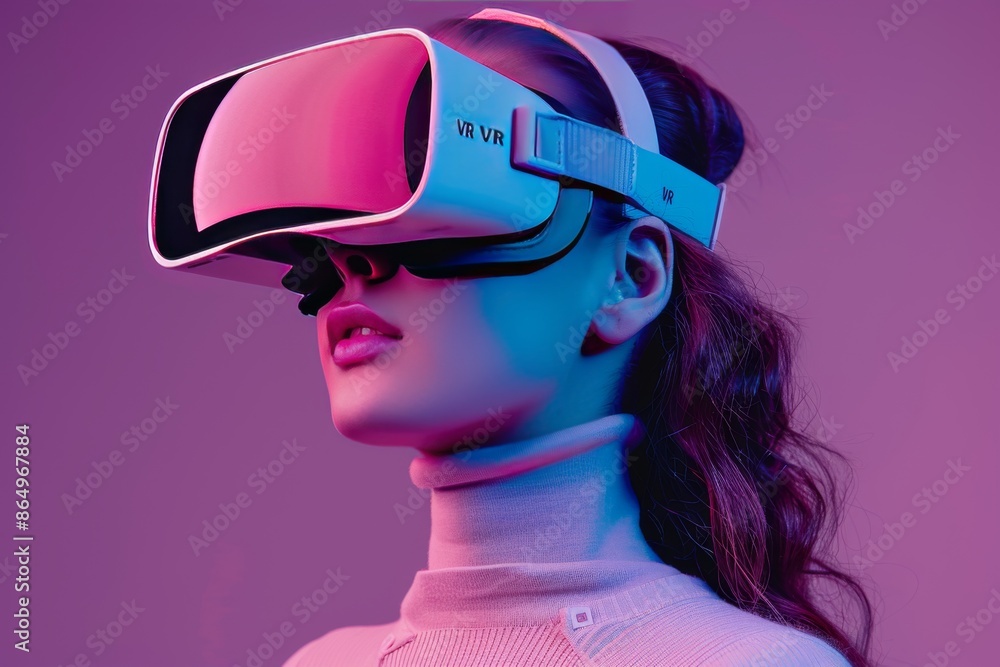Woman using VR headset in a creative workspace, highlighting the advanced virtual reality technology for artistic and immersive experiences. Woman using VR headset in a creative workspace, highlighting the advanced virtual reality technology for artistic and immersive experiences.
