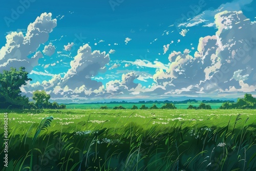 Peaceful Green Field with Blue Sky and Fluffy White Clouds