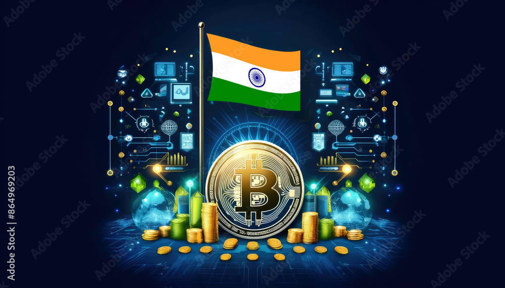 Obraz premium Bitcoin, the India flag, and global elements highlight the international impact and growing significance of cryptocurrency