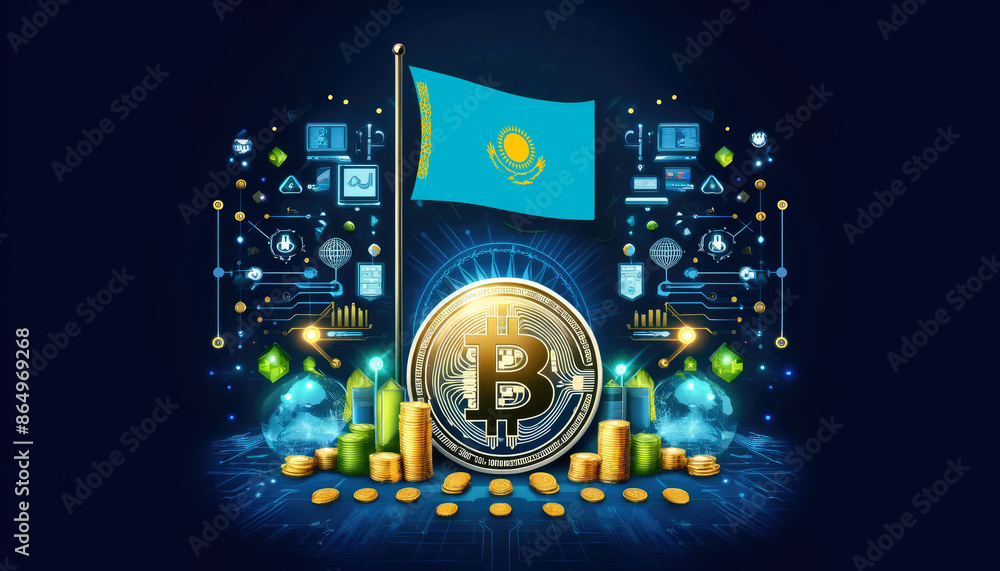 Obraz premium Bitcoin, the Kazakhstan flag, and global elements highlight the international impact and growing significance of cryptocurrency