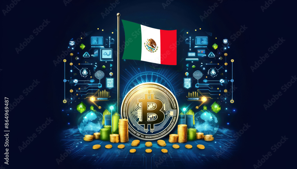 Obraz premium Bitcoin, the Mexico flag, and global elements highlight the international impact and growing significance of cryptocurrency