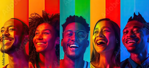 Multiple peoples faces assembled creatively on a vibrant backdrop