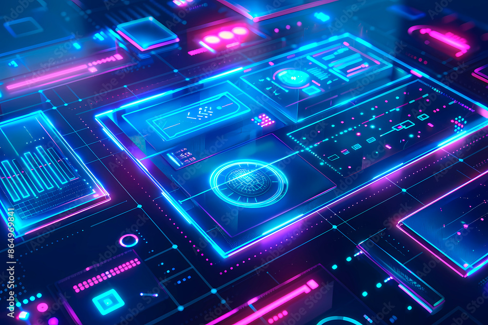 A high-tech user interface in neon blue and pink, teeming with various elements including graphs, controls, and data panels, symbolizing modern technology and digital innovation. A high-tech user interface in neon blue and pink, teeming with various elements including graphs, controls, and data panels, symbolizing modern technology and digital innovation.