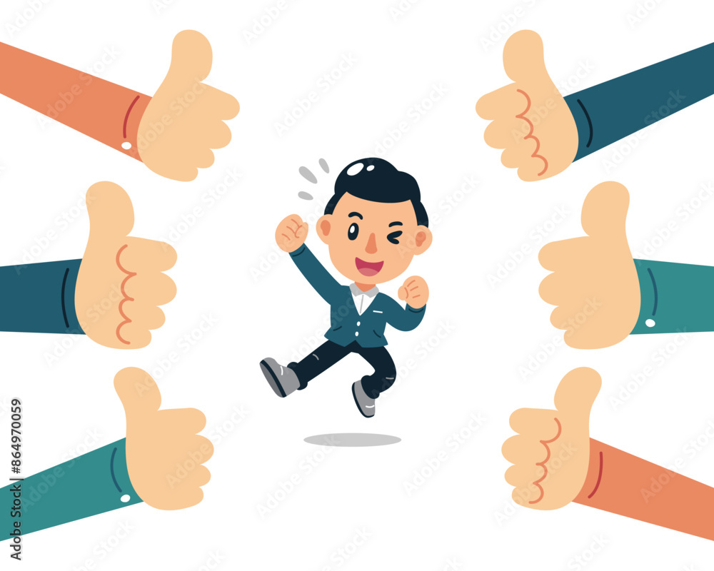 Vector illustration business concept happy businessman with many thumbs up hands for design. Vector illustration business concept happy businessman with many thumbs up hands for design.