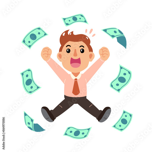 Cartoon businessman with money banknotes for design.