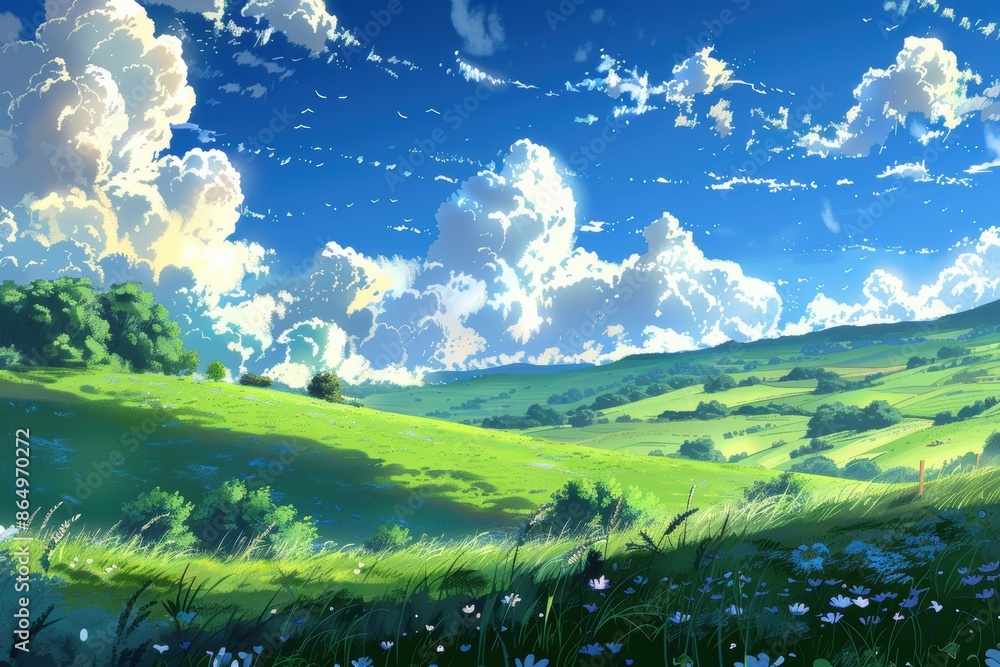 Grass Field landscape with blue sky and white cloud. Blue sky clouds sunny day wallpaper. Cartoon illustration of a Grass Field with blue sky in Summer. green field in a day. Grass Field landscape with blue sky and white cloud. Blue sky clouds sunny day wallpaper. Cartoon illustration of a Grass Field with blue sky in Summer. green field in a day.