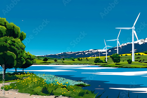 In a picturesque landscape, wind turbines rise over a tranquil lake bordered by lush greenery and blooming flowers beneath a clear blue sky, symbolizing sustainability and peace. photo