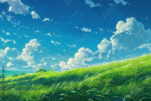Grass Field landscape with blue sky and white cloud. Blue sky clouds sunny day wallpaper. Cartoon illustration of a Grass Field with blue sky in Summer. green field in a day.
