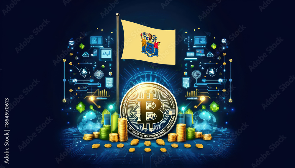 Obraz premium Bitcoin, the New Jersey flag, and global elements highlight the international impact and growing significance of cryptocurrency