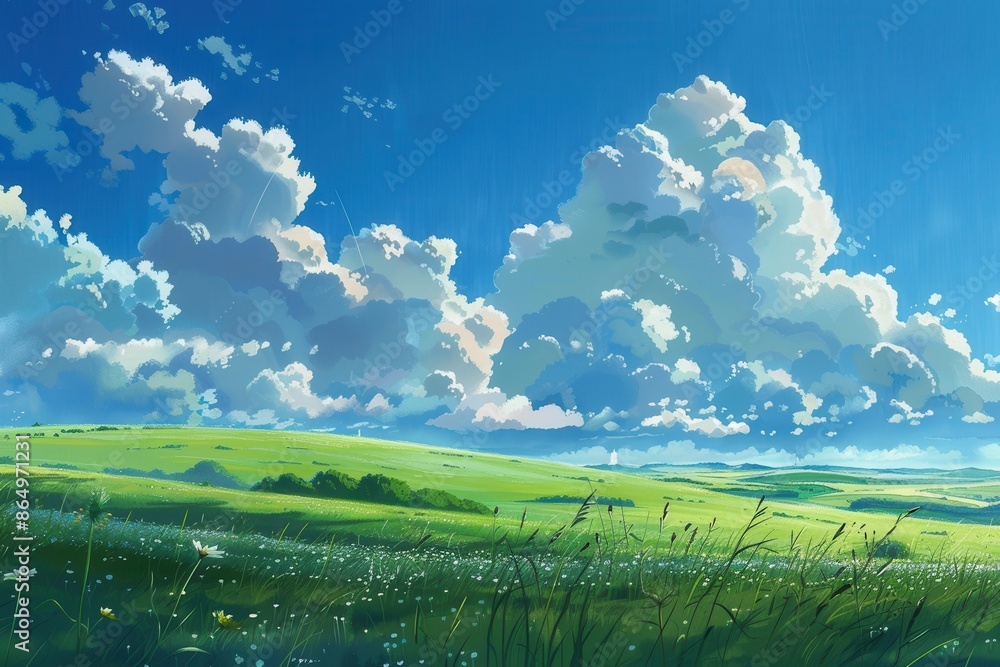 Obraz premium Grass Field landscape with blue sky and white cloud. Blue sky clouds sunny day wallpaper. Cartoon illustration of a Grass Field with blue sky in Summer. green field in a day.