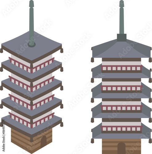 京都・五重塔のイラスト素材（アイソメトリック・正面）