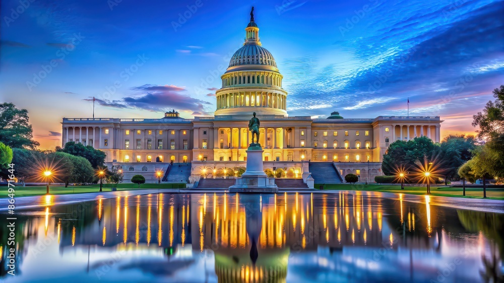 Obraz premium Capitol building glowing at blue hour in Washington DC, architecture, landmark, US Capitol, government