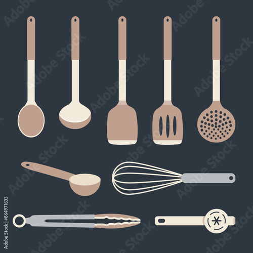 set of kitchen utensils flat vector illustration, minimal style