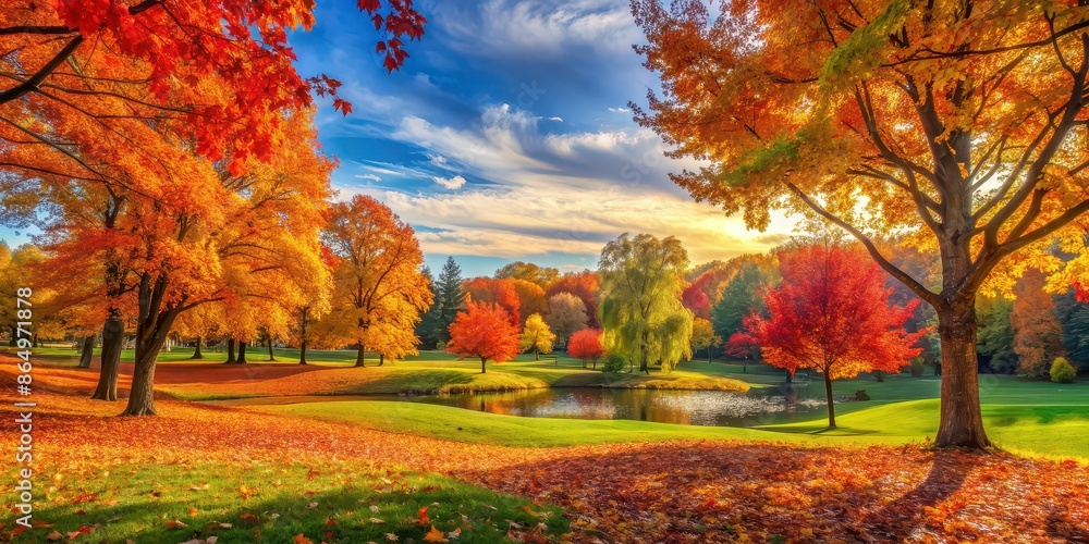 Fototapeta premium Beautiful autumn landscape with colorful foliage in the park, creating a stunning natural background , Autumn, landscape, park
