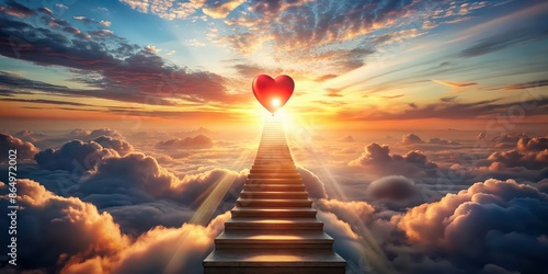 Stairway to Heaven with sun, clouds, red heart-shaped sky at sunset, stairway, heaven, sky, sun, clouds, religion photo