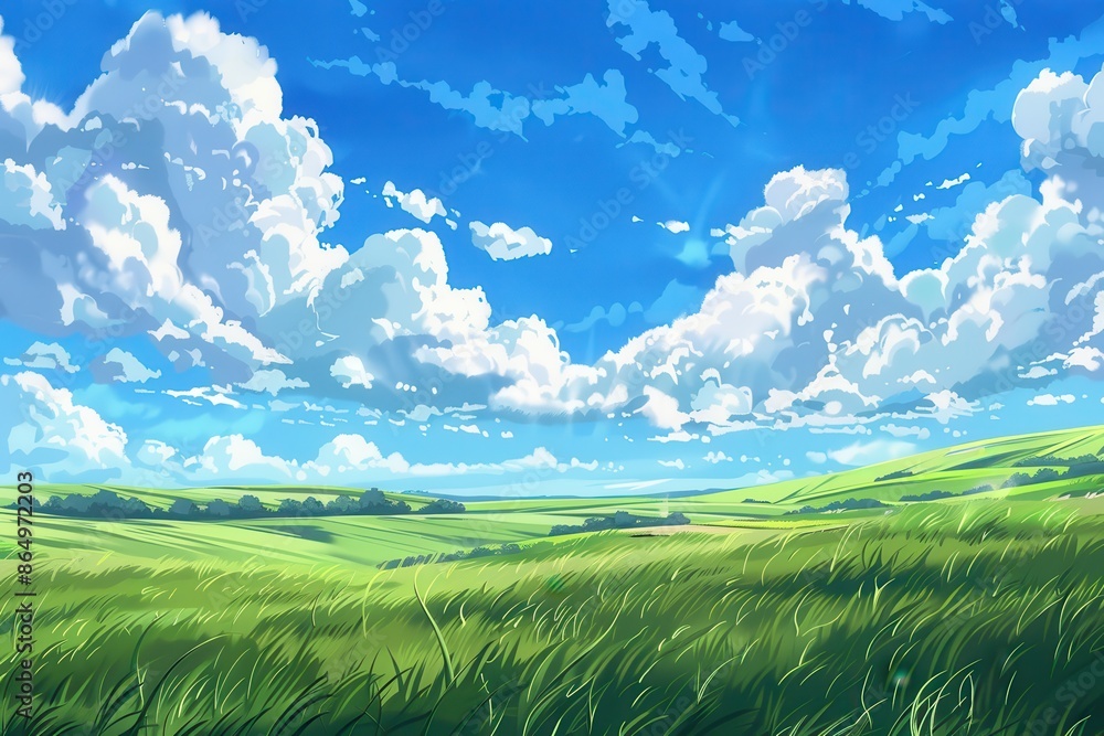 Green Grass Field Under a Blue Sky with White Fluffy Clouds. Peaceful ...