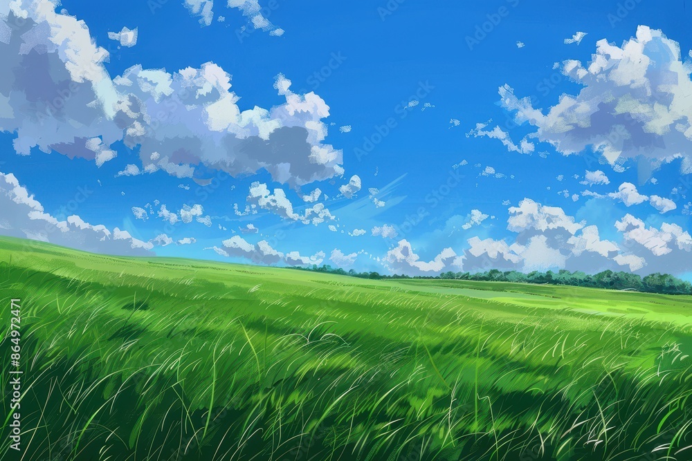 Green grass field with blue sky and white clouds, idyllic landscape scene with vibrant colors and lush nature. Perfect for peaceful background, nature, and outdoor scenes.