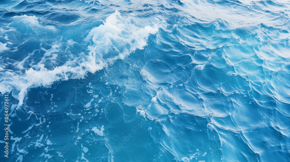 Obraz premium The ocean is calm and blue, with a few waves breaking on the shore