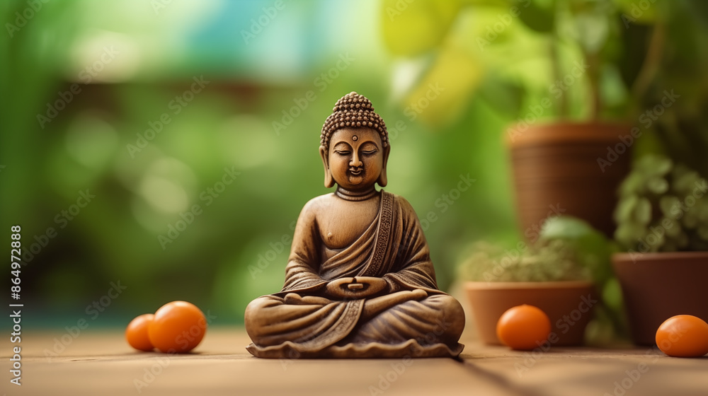 A statue of a Buddha is sitting on a wooden table with a few oranges