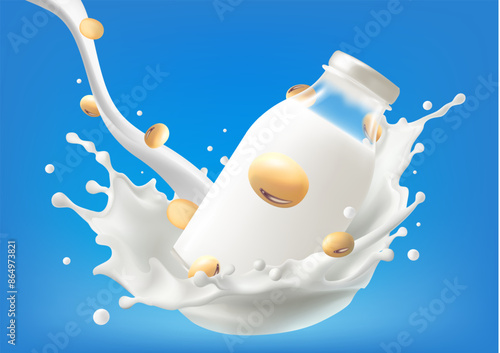 3D vector Soy milk yogurt splashing isolated background. Health concept. Realistic illustration. Can used for product design food products, Mesh gradient wes