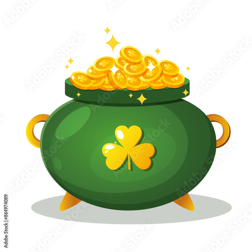 Green pot full of gold coins for St. Patrick Day holiday.
