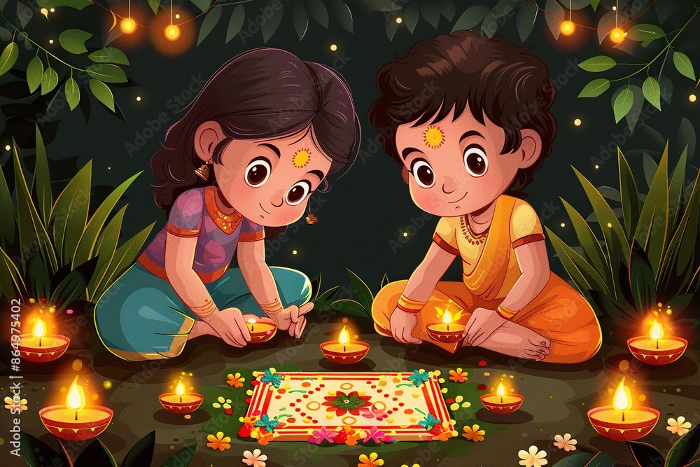 illustration of two happy children making a ragoli celebrating diwali surrounded by greenery illustration of two happy children making a ragoli celebrating diwali surrounded by greenery