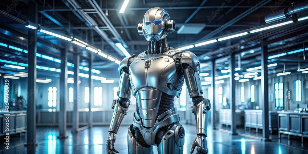 A futuristic robot with metallic body and LED lights standing in a tech laboratory, technology A futuristic robot with metallic body and LED lights standing in a tech laboratory, technology