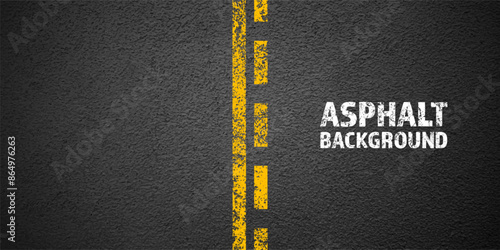 Asphalt road with yellow cracked lane marking, concrete highway surface, texture. Street traffic line, road dividing strip. Pattern with grainy structure, grunge stone background. Vector illustration