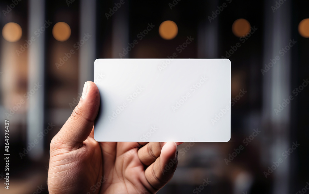 A hand holding a blank white credit card mockup with rounded corners against a blurred background. A hand holding a blank white credit card mockup with rounded corners against a blurred background.