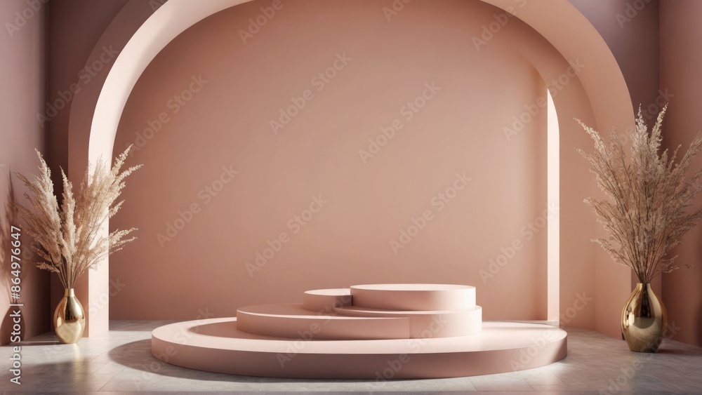 A room with beige decor elements, like a circular table and floor planters, beige walls adorned with arches, depicted in a 3D render, emphasizing light and expansiveness A room with beige decor elements, like a circular table and floor planters, beige walls adorned with arches, depicted in a 3D render, emphasizing light and expansiveness