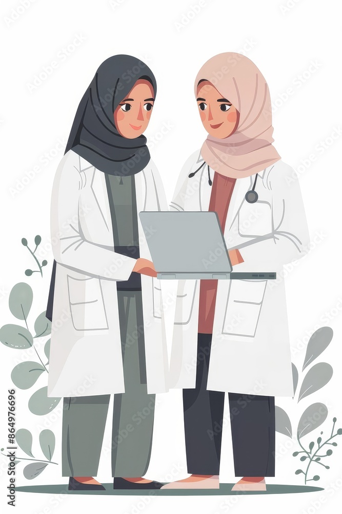 Two women in white coats and hijabs working together on a laptop in an outdoor setting Two women in white coats and hijabs working together on a laptop in an outdoor setting