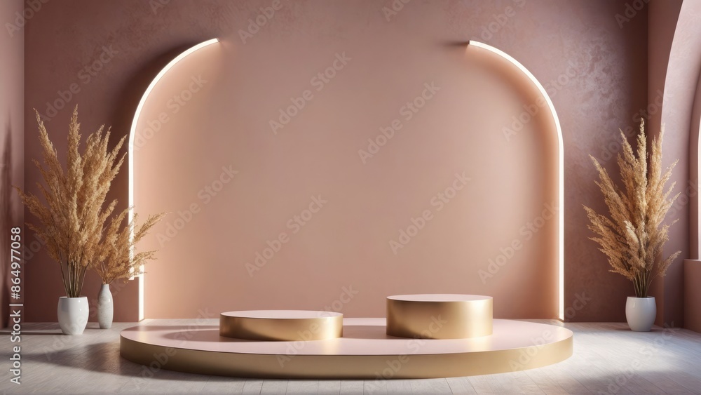A room with beige decor elements, like a circular table and floor planters, beige walls adorned with arches, depicted in a 3D render, emphasizing light and expansiveness A room with beige decor elements, like a circular table and floor planters, beige walls adorned with arches, depicted in a 3D render, emphasizing light and expansiveness