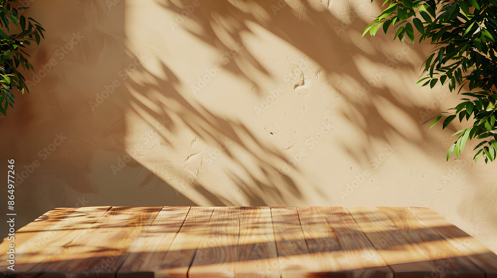 Empty wood table top on beige wall texture with tree leaves shadow background Empty wood table top on beige wall texture with tree leaves shadow background